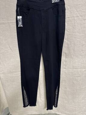 NEW ETHYL women's pull-on twill pant with bling hem & slit in black
